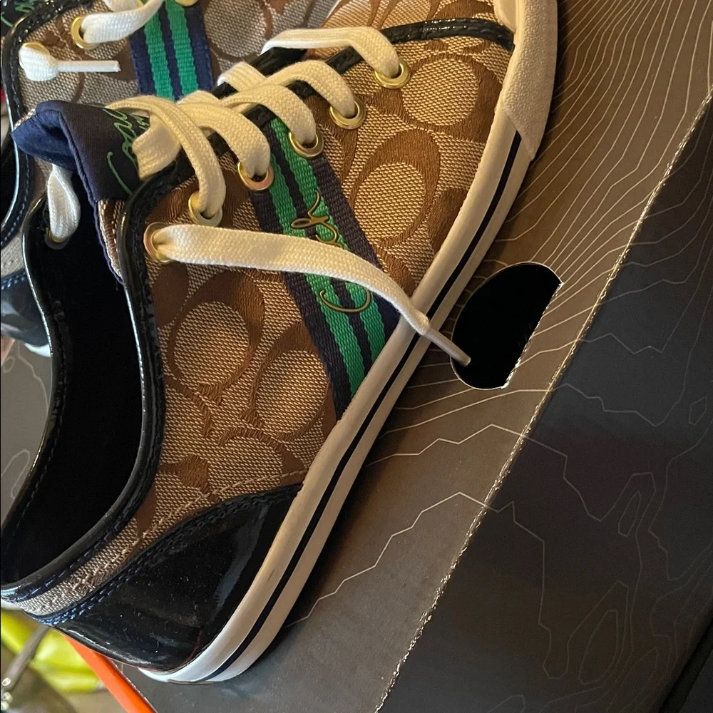 Coach Women’s Brown Signature Canvas Sneakers with Green Stripe - Picture 3 of 8